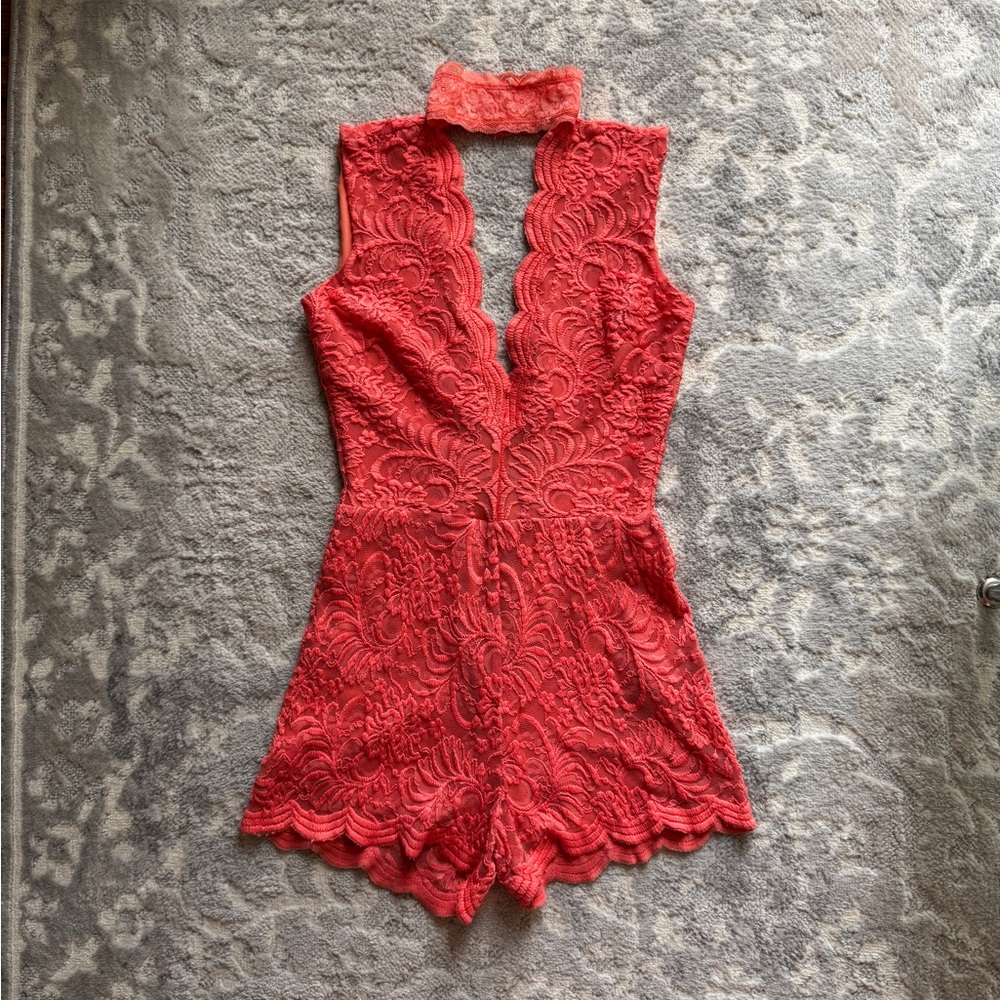 Bebe orange Lace Sleeveless Romper